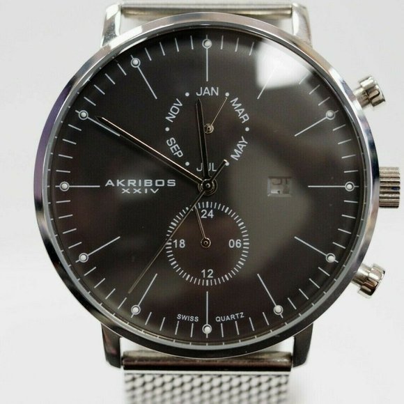 Akribos XXIV Men's Watch 2 Subdials Month, GMT Date Window Stainless Steel. - Picture 1 of 8
